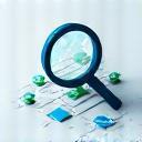 Data extraction icon with magnifying glass over data points.