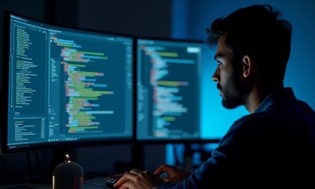 Developer coding on multiple screens.