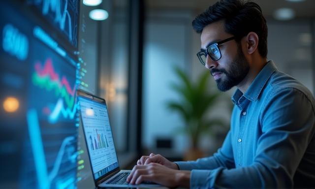 Entrepreneur working on laptop with charts.