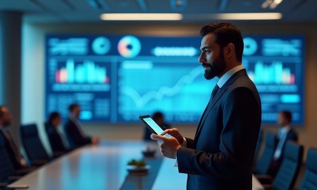 Executive in a meeting room, looking at data.